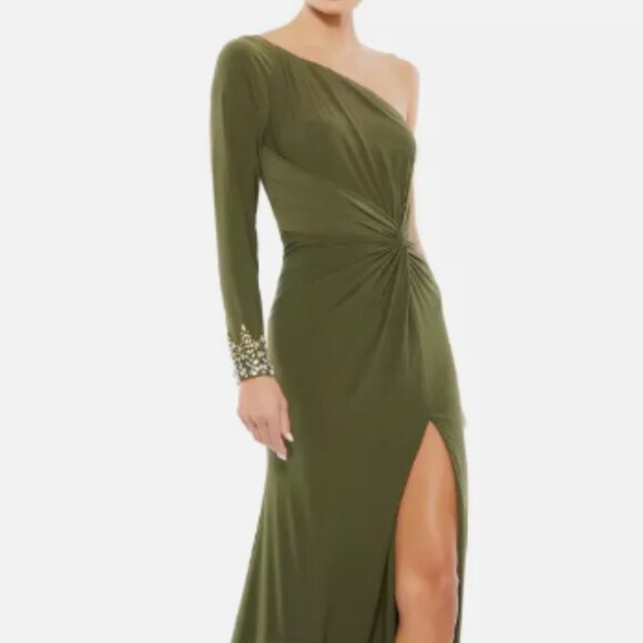 MAC DUGGAL 55696 ONE SLEEVE BEADED CUFF SIDE TWIST THIGH SLIT OLIVE GOWN sz 16 - Picture 1 of 6